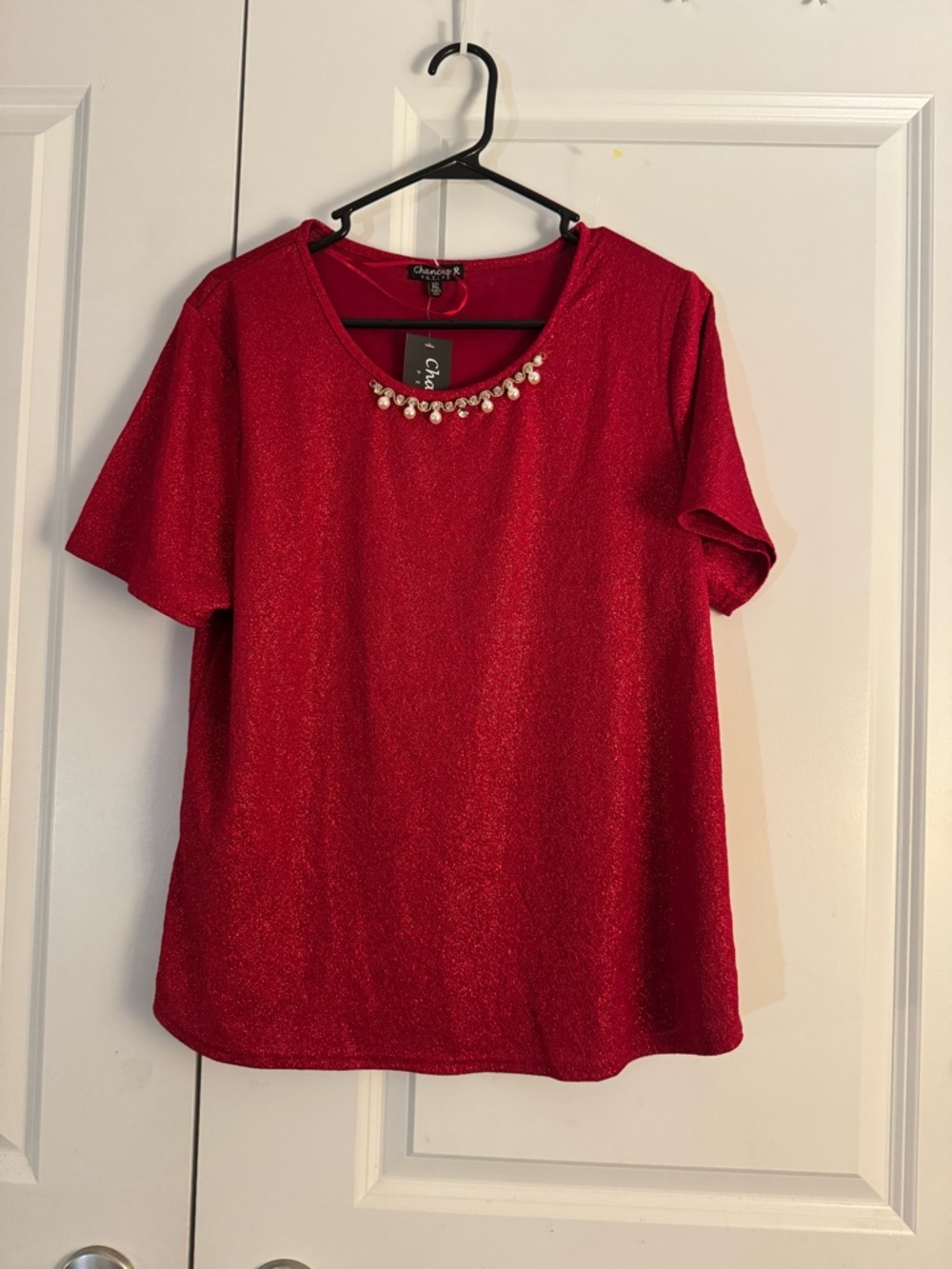 Chances R sparkling Red Short-Sleeve Jewel-Trim shirt size pxl